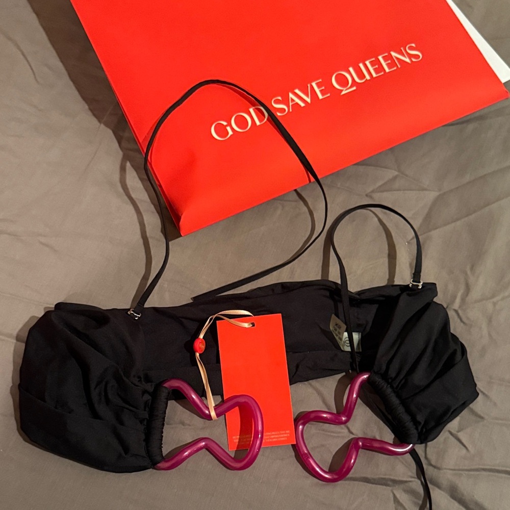 God Save Queens Black Bikini Top with Pink Details